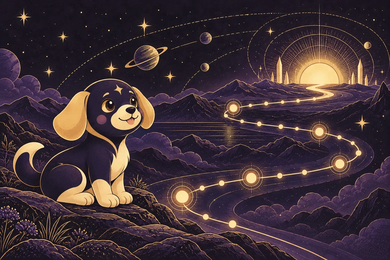 A star pup on a hillside watching a winding path of glowing days lead past the planets toward a golden sunrise